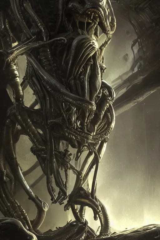 Image similar to alien covenant alien xenomorph, torso portrait, intricate, elegant, volumetric lighting, scenery, digital painting, highly detailed, artstation, sharp focus, illustration, concept art, luis rollo, ruan jia, steve mccurry, john berkey