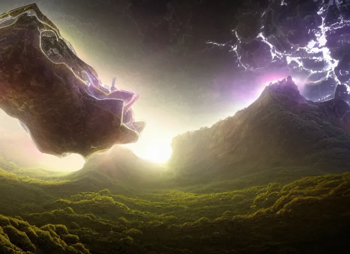 Prompt: a photo of giant interdimensional fractal creatures falling from the sky in the distance, a vast landscape with lush hills, dust particles, natural lighting, awe inspiring, wide angle, cinematographic, subtle lens flare