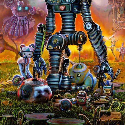 Image similar to On the morning of the robot queen's coronation, shadows of the past, The Mekanik Doll, chubby moss kitten, by jeff easley and Dylan Kowalski, highly detailed, digital painting, HDRI, by vivid colors, high contrast, 8k resolution, intricate, beautiful and thematically complex, smooth