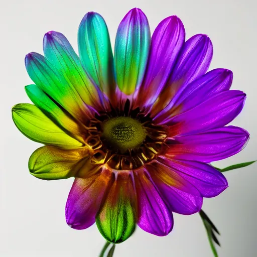 Prompt: An ultra high definition studio photograph of an alien flower in a simple vase on a plinth. The flower is multicoloured iridescent. High contrast, key light, 70mm.