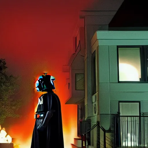 Prompt: darth vader is walking up to a chicago bungalow at night.