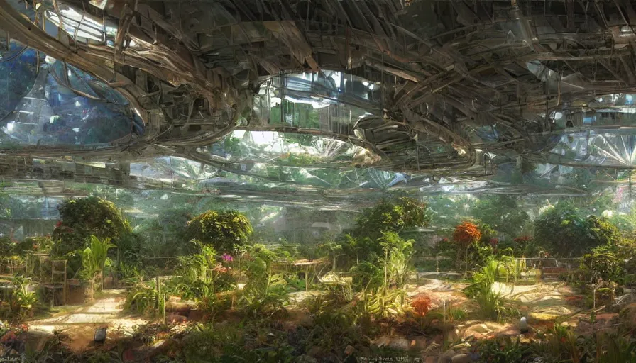 Image similar to craig mullins and ghibli digital illustration vertical farms and hydroponics under a force field dome, colorful, unreal engine, hyper realism, realistic shading, cinematic composition, realistic render, octane render, detailed textures, photorealistic, wide shot