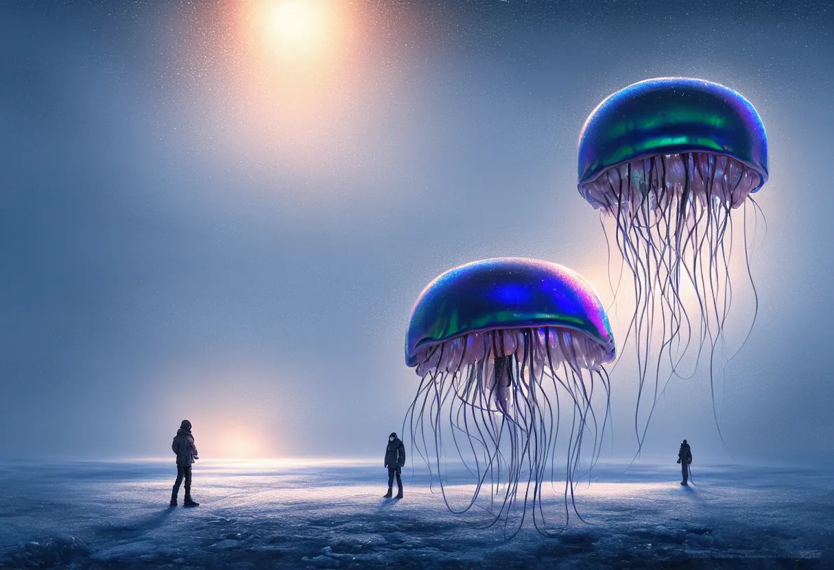 Image similar to strange transparent iridescent alien jellyfish emerging from surface of another frozen winter planet at sunset, ultra high definition, ultra detailed, symmetry, fog, matte painting, by greg rutkowski and ross tran and wlop