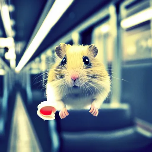Image similar to photo of a hamsterinside a metro train, various poses, unedited, soft light, sharp focus, 8 k