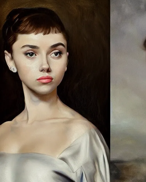 Prompt: dramtically lit, high quality painting of a girl who looks like 16-year old Audrey Hepburn and Scarlett Johansson, with parted lips and stunning, anxious eyes, wearing a silver satin gown, by Rembrandt and Leonardo Davinci