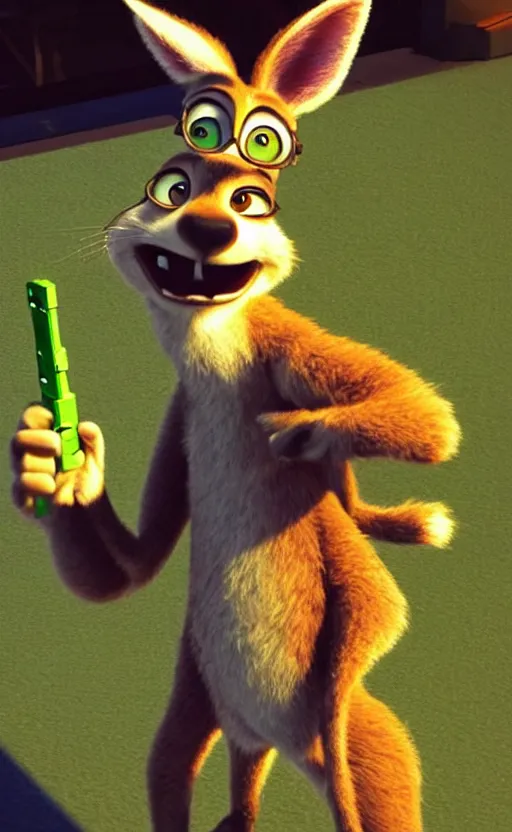 Image similar to “kangaroo in the style of the movie zootopia holding a laser gun and pointing it at the the camera”