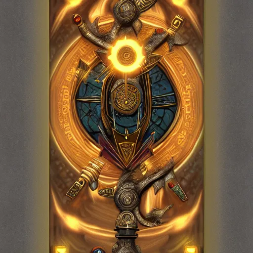 Image similar to Arcane Tarot, Fantasy, 2d Digital Art, steampunk, symmetrical centered, high quality 3D render, concept art, 4K, UHD, High quality mechanical, Badge, glow in the dark, ethereal, the void, ominous background, very detailed, stylized, trending on artstation