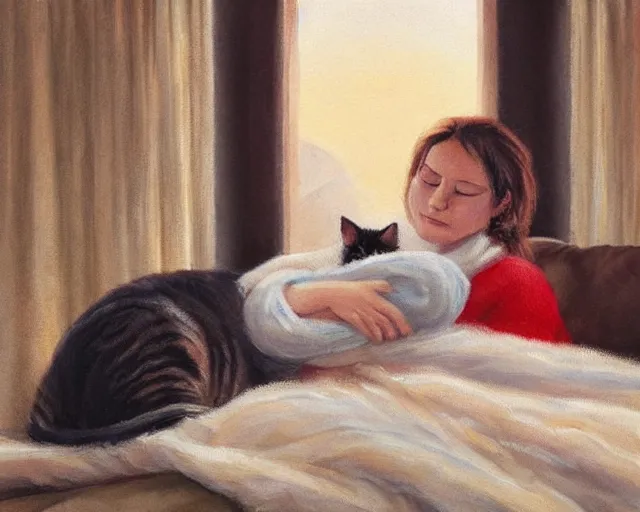 Image similar to a beautiful warm fuzzy painting of a woman curled up with a blanket, petting a cat who is purring with eyes closed. they are both sitting next to a window watching the sun set in winter.