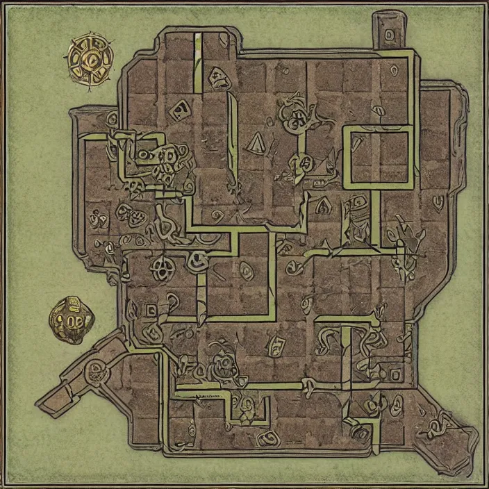 Prompt: dungeon map by dysonlogos, nine rooms, map of osr modules