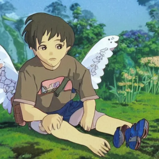 Prompt: gabriel boric sitting at the flower made by studio ghibli, detail, high quality, detailed creature, beautiful scene, smooth