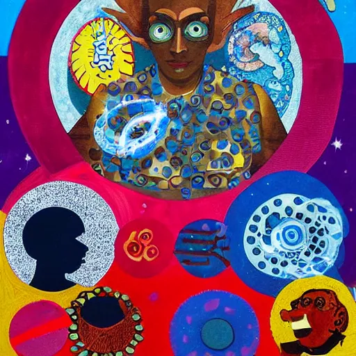 Prompt: A collage. A rip in spacetime. Did this device in her hand open a portal to another dimension or reality?! cosmic horror by Faith Ringgold, by Alexander Milne Calder vivid