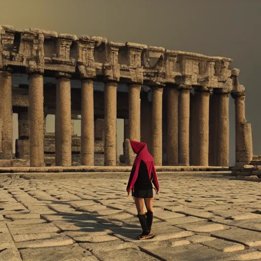 Image similar to high - tech space cult woman with hoodie looking at floating islands while standing on ruins of ancient temple, foggy of a ancient temple in temple dramatic lighting, epic, octane render, volumetric light, unreal engine, artbreeder, 8 k, background, scene