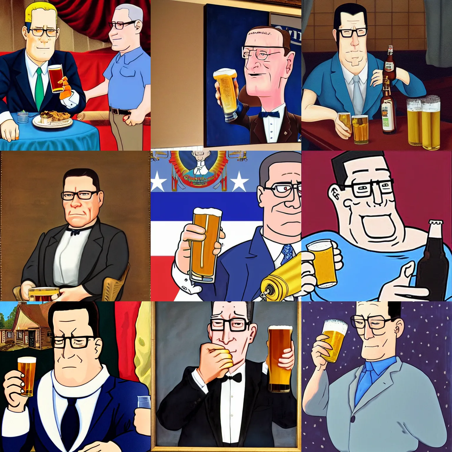 Prompt: hank hill from king of the hill as the 3rd president of the united states drinking a beer with boomhower, oil painting