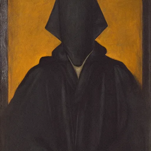 Image similar to a portrait of a man wearing black hood and robes, shadows covering face, ominous, dark, oil painting