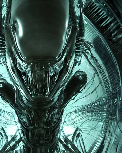 Image similar to film still of alien looking around a spaceship, slathered in a transparent alien liquid. wet flowing hair, goo, illustration, unreal engine 5, 8 k, directed by h. r. giger.