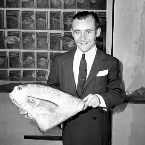 Image similar to jesus dressed as a 1 9 5 0 s advertising executive holding bread and fish