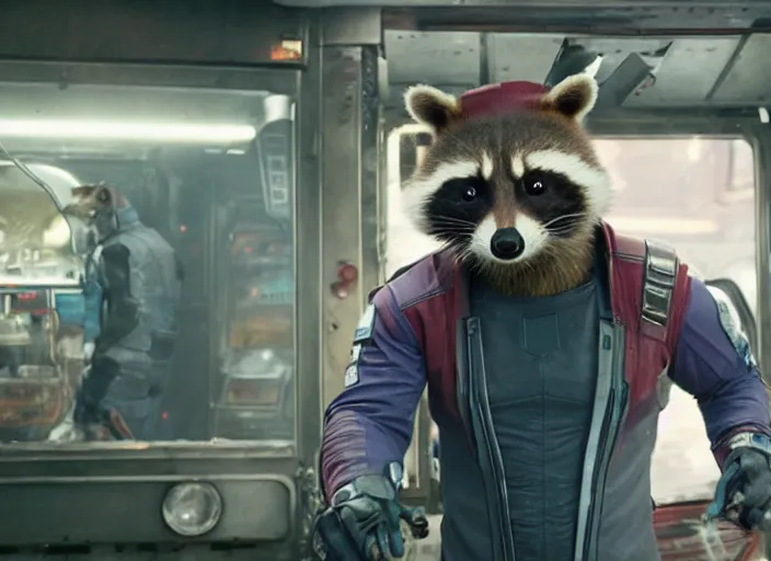 Image similar to film still of Rocket Racoon working in an ice cream truck in the new Guardians of the Galaxy movie, 4k