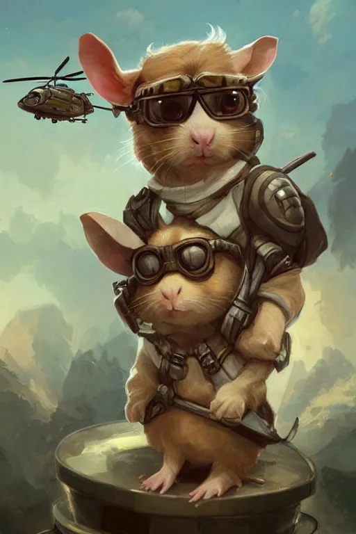 Image similar to cute little anthropomorphic Guinea Pig Piloting a helicopter , tiny, small, short, Pilot outfit, cute and adorable, pretty, beautiful, DnD character art portrait, matte fantasy painting, DeviantArt Artstation, by Jason Felix by Steve Argyle by Tyler Jacobson by Peter Mohrbacher, cinematic lighting