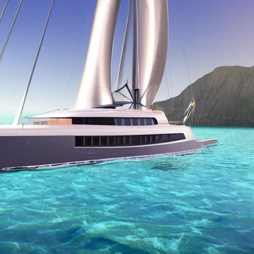 Prompt: a photorealistic, highly detailed 3 d rendering of a luxurious yacht sailing through turquoise waters