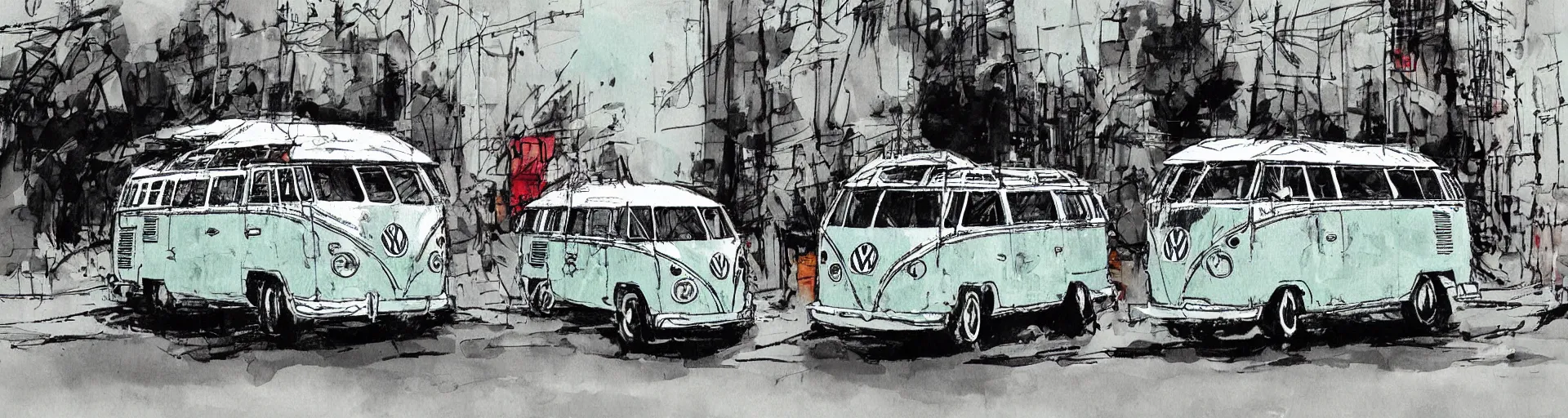 Image similar to vw bus on a street, illustration by ashley wood