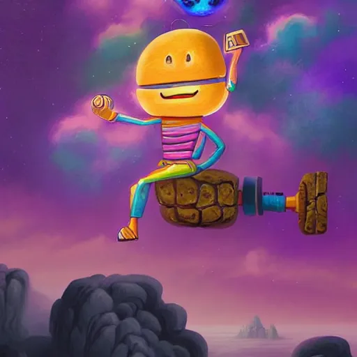 Image similar to A flying android smiling while holding a boulder, surrounded by clouds and purple lightning, digital art, Mexican folk art, Hyperdetailed, amazing background, matte painting, gouache, Martin Sandiego, Julia Fuentes, Miguel Sandiego