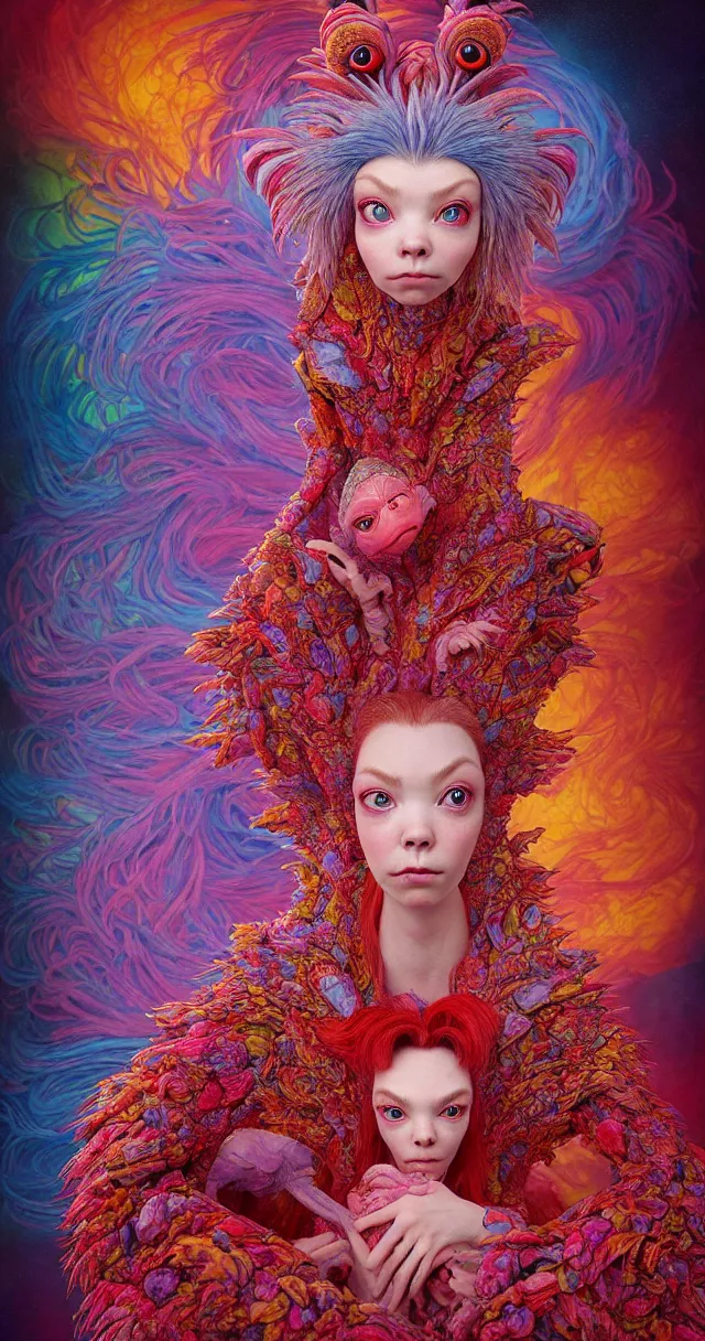 Prompt: hyper detailed 3d render like a Oil painting - kawaii portrait of ein Aurora (a beautiful skeksis muppet fae queen from dark crystal that looks like Anya Taylor-Joy) seen red carpet photoshoot in UVIVF posing in scaly dress to Eat of the Strangling network of yellowcake aerochrome and milky Fruit and His delicate Hands hold of gossamer polyp blossoms bring iridescent fungal flowers whose spores black the foolish stars by Jacek Yerka, Ilya Kuvshinov, Mariusz Lewandowski, Houdini algorithmic generative render, Abstract brush strokes, Masterpiece, Edward Hopper and James Gilleard, Zdzislaw Beksinski, Mark Ryden, Wolfgang Lettl, hints of Yayoi Kasuma and Dr. Seuss, octane render, 8k