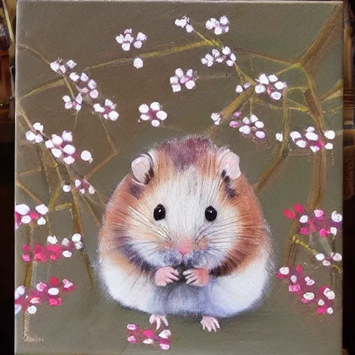 Image similar to “ a naturalistic painting, of a hamster in shogun armor, with sakura blossoms in the background, oil on canvas, a 4 canvas ”