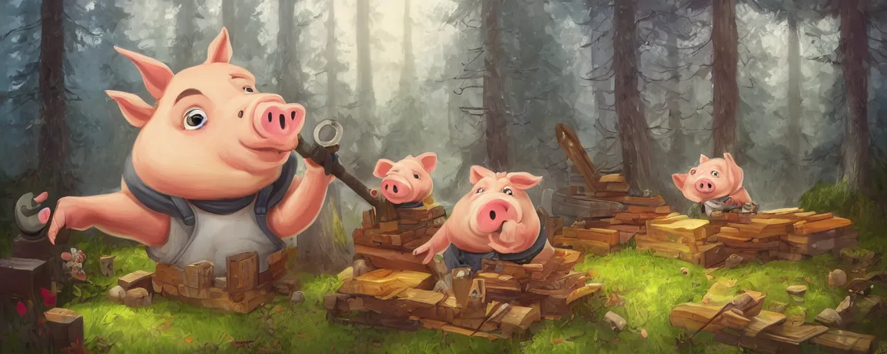 Prompt: a cartoonish cute anthropomorphic pig is hammering a wood pallet in a house construction site, a mystical forest full of wonders, pine trees, magical atmosphere, trending on artstation, 30mm, by Noah Bradley trending on ArtStation, deviantart, high detail, stylized portrait H 1280