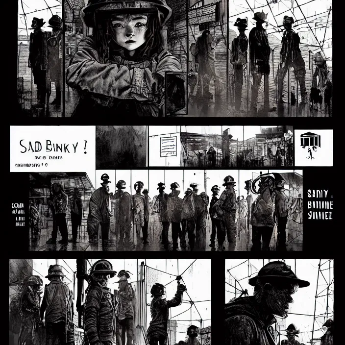 Image similar to a long queue to a big box / booth. sadie sink as a miner in the queue. storyboard, scifi cyberpunk. by gabriel hardman, joe alves, chris bonura. cinematic atmosphere, detailed and intricate, perfect anatomy