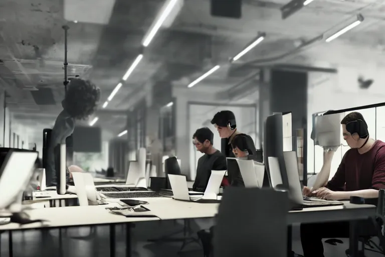 Image similar to detailed realistic photo of a group of hackers working, dimly lit room, computer screens, dramatic dim lighting, coherent composition