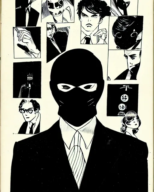 Image similar to portrait of young man wearing black medical mask, suit and tie, style of guido crepax