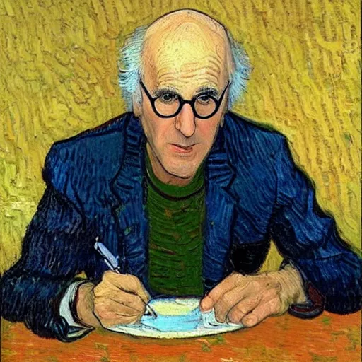 Prompt: Larry David eating a bagel in the style of Van Gogh, oil painting