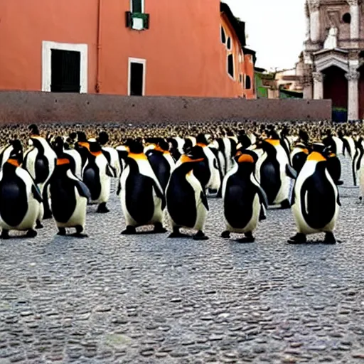 Prompt: penguins in conquistador armor visit rome