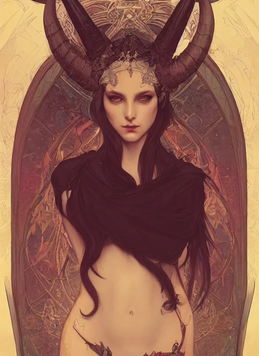 Image similar to a beautiful illustration of a satanic witch with horns in head, intricate, sharp focus, illustration, highly detailed, digital painting, concept art, matte, art by wlop and artgerm and greg rutkowski and alphonse mucha, masterpiece