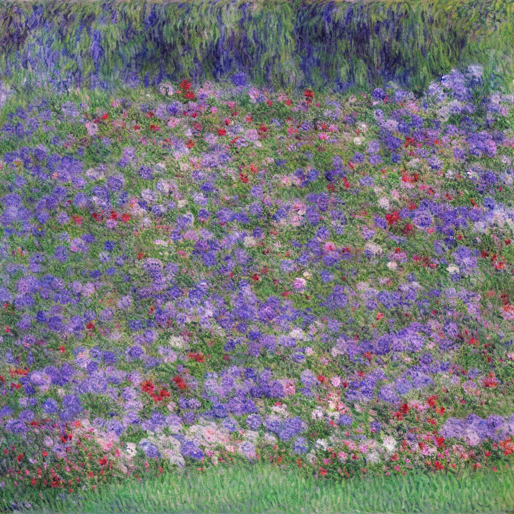 Image similar to a gorgeous garden on the edge of a cliff filled with beautiful flowers of blue and violet and pink from all around the world, monet