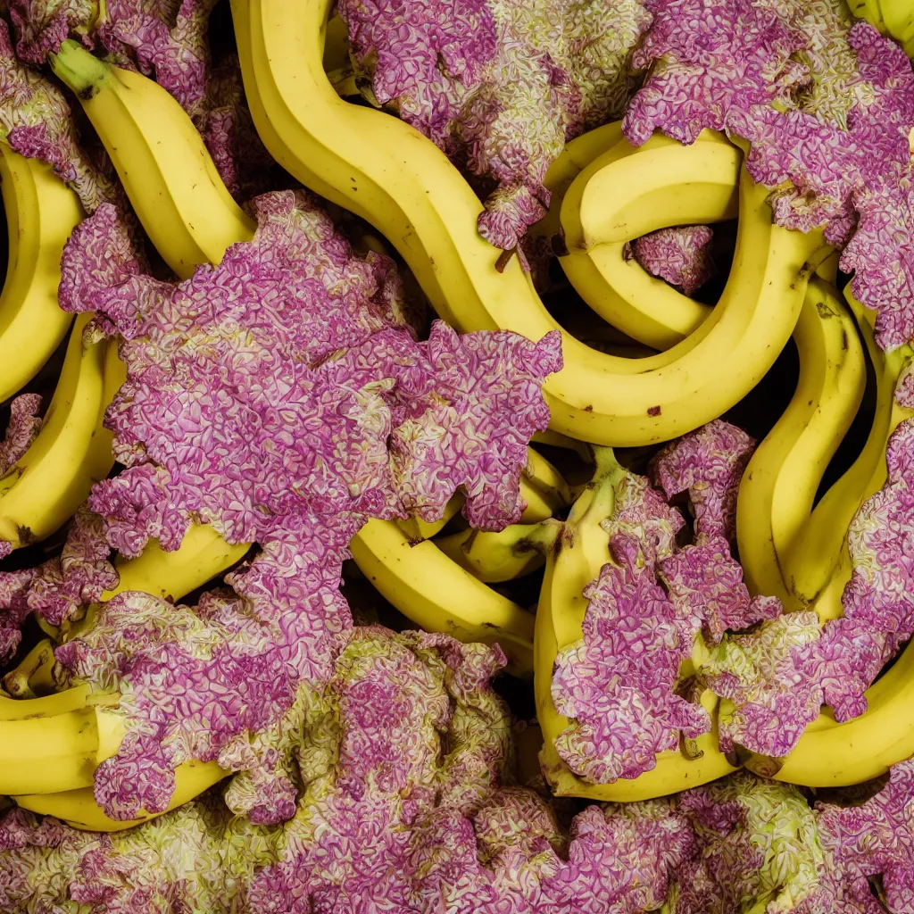 Image similar to bananas that grow like fractal coral and smoke, cracked, fine foliage, inside art nouveau with petal shape, big banana peals, and stems, mesh roots. closeup, hyper real, food photography, high quality