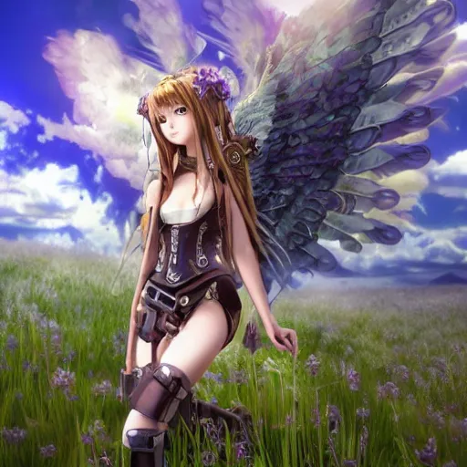 Prompt: steampunk angel anime girl with a halo made out of steam, extremely detailed, hdr, reflective armor, anime, studio ghibli, lush, pretty, long hair, full body portrait, cinematic lighting, sky, grass, clouds, posing, epic, intense, incredible, sunny, lavender flowers, sharp focus,