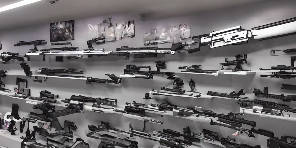Image similar to a photo of a clean alien shop that sells guns, futuristic, holographic, 8k, sharp focus, Fujifilm