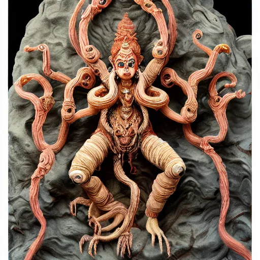 Prompt: dark Hindu deity, with 8 arms, ultra realistic, fantasy, very intricate, organic, ghibli style, trending on artstation