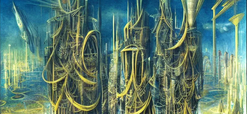 Prompt: beautiful masterpiece painting of a futuristic city under the sea, cyberpunk, by Remedios Varo 8k,