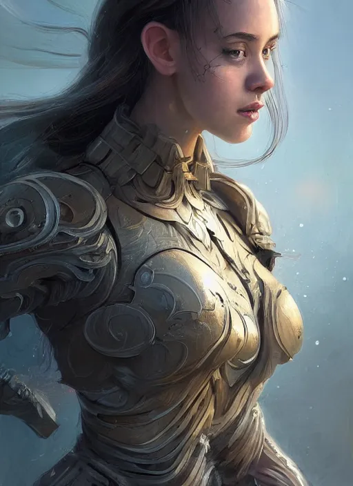 Image similar to a professional portrait of a beautiful young female, clothed in ethereal battle armor, olive skin, long dark hair, beautiful bone structure, symmetrical facial features, intricate, elegant, digital painting, concept art, smooth, sharp focus, finely detailed, illustration, from Valerian and the City of a Thousand Planets, in the style of Ruan Jia and Mandy Jurgens and Artgerm and Greg Rutkowski and William-Adolphe Bouguerea