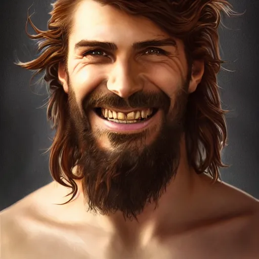 Prompt: portrait of a young ruggedly handsome but joyful pirate, male, masculine, nose ring, upper body, red hair, long hair, d & d, fantasy, joyful smirk, intricate, elegant, highly detailed, digital painting, artstation, concept art, matte, sharp focus, illustration, art by artgerm and greg rutkowski and alphonse mucha