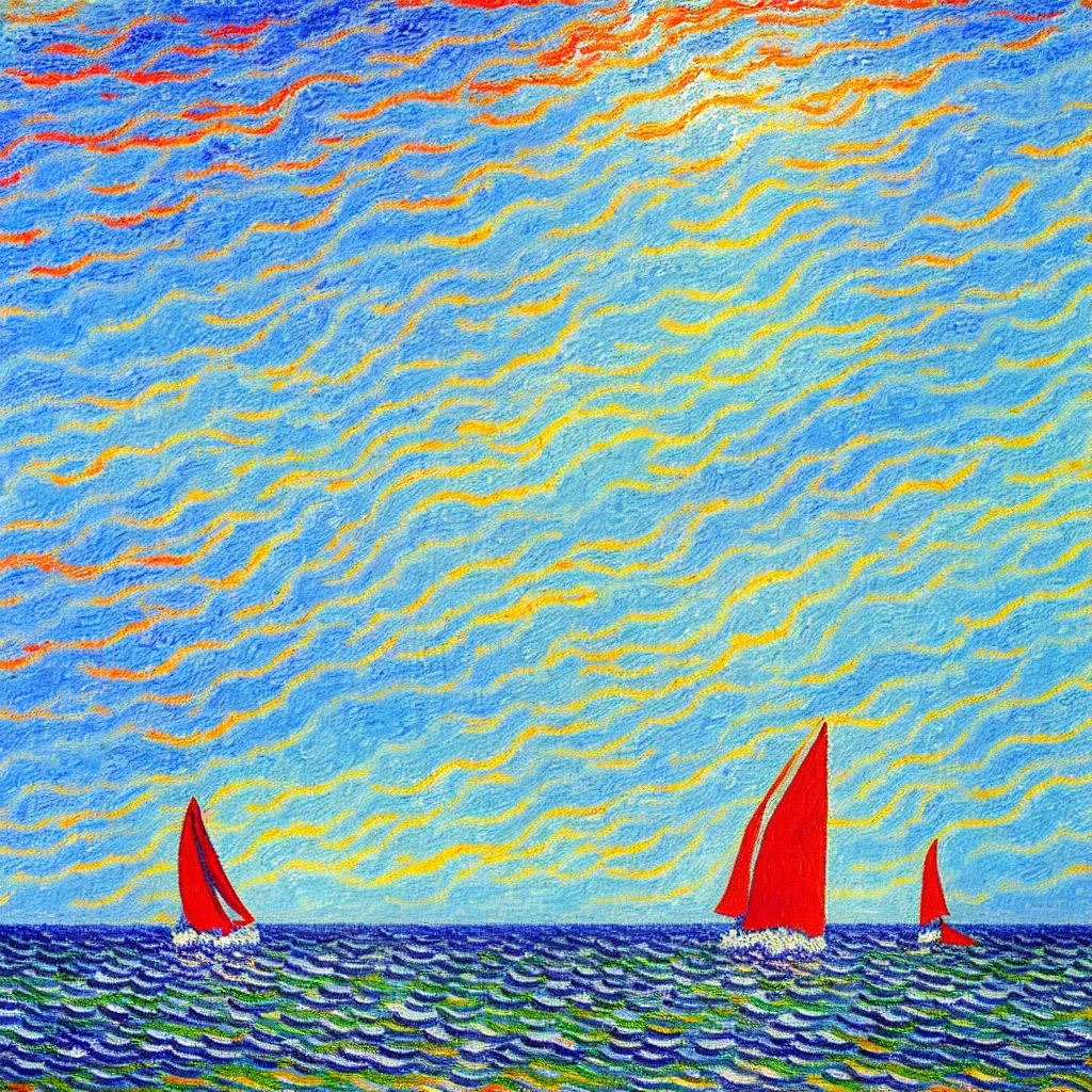 Prompt: beautiful Rolling waves, with a distant, red sailed yacht in the style of Monet and Signac and painted in a style of painting similar to Van Gogh but more impasto and less hatching