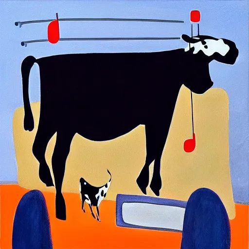 Image similar to “cow singing karaoke detailed trex happy concert minimalism Edward Cooper Matisse digital art oil painting”