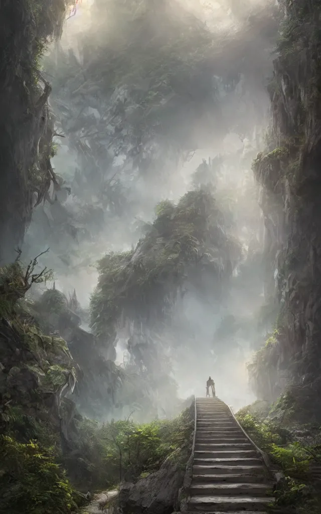 Prompt: the journey of life, each stage is a step in a stairway, detailed, 4 k, octane, a person walking up a set of stairs in the woods, a detailed matte painting by huang ding, cgsociety, fantasy art, mystical, mist