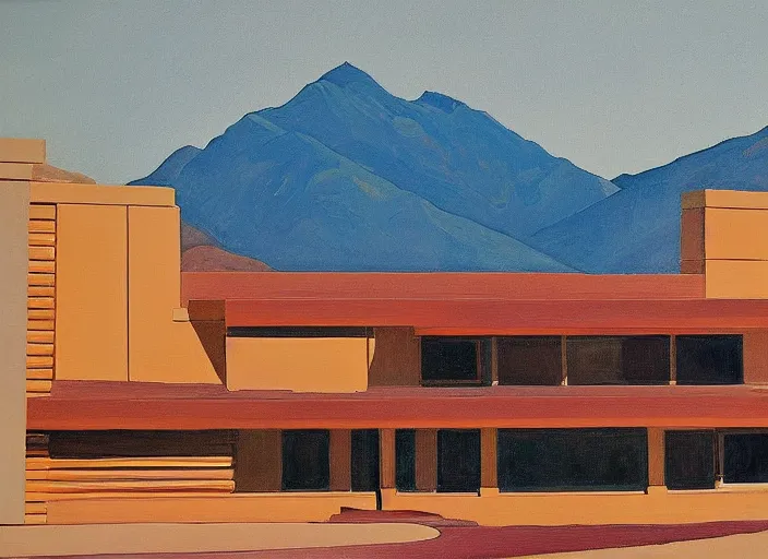 Image similar to painting of a frank lloyd wright house in front of beautiful mountains by wayne thiebaud