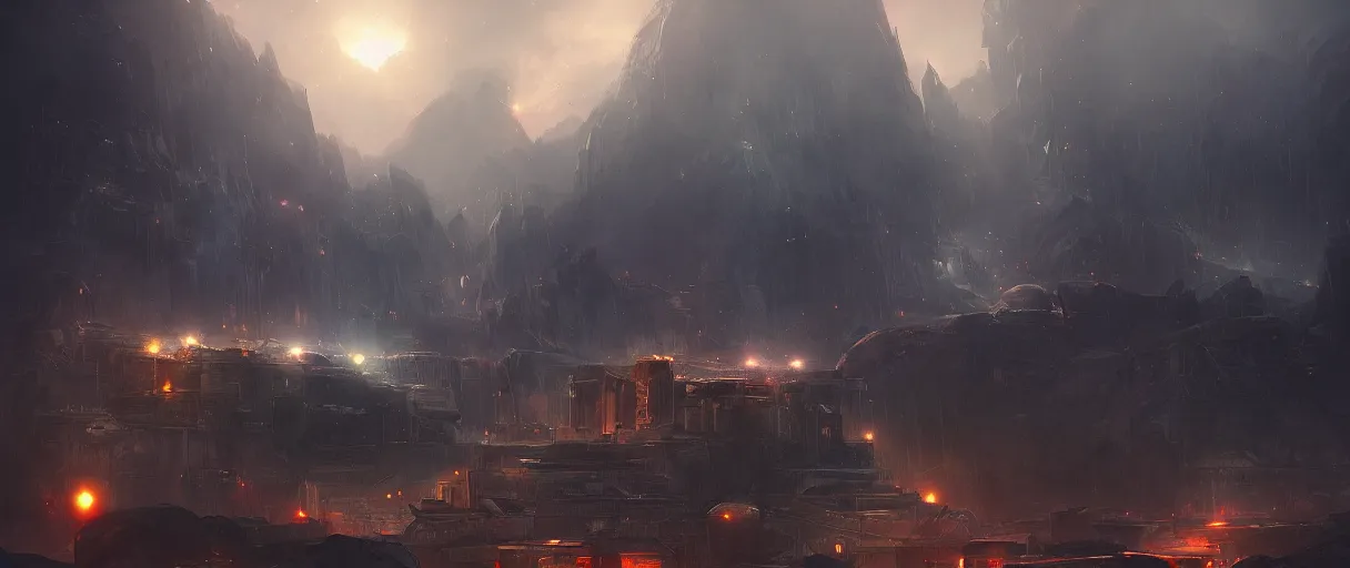 Image similar to field of large rebel city on mountain, concept art, digital painting, style of jordan grimmer, warm lighting, futuristic, volumetric lighting, view from below,dark, nighttime, godrays, high detail