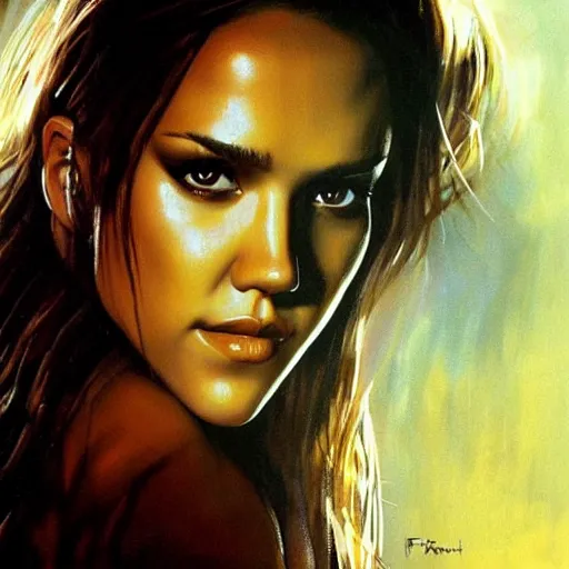 Image similar to ultra realistic portrait painting of jessica alba in underworld, art by frank frazetta, 4 k, ultra realistic, highly detailed, epic lighting.