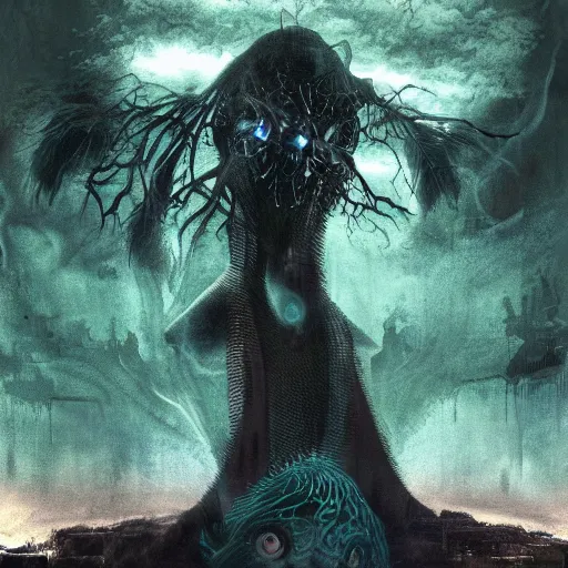 Image similar to basilisk of roko and the awakening of an ai with consciousness, surreal technological conceptual art magical cybernetic realism horror visions distopic and utopic art