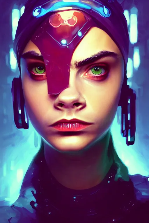 Image similar to a portrait of cara delevingne as frog, cyberpunk, fantasy, neon lights, sharp focus, intricate, elegant, digital painting, artstation, matte, highly detailed, concept art, illustration, ambient lighting, art by ruan jia and artgerm and range murata and wlop and ross tran and william, adolphe bouguereau and beeple